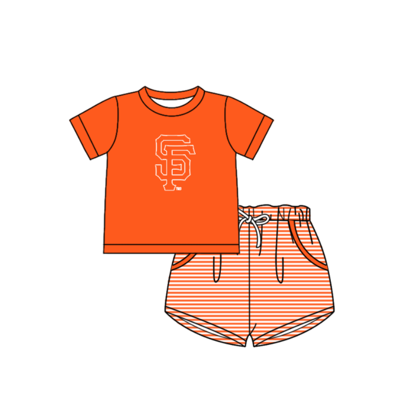 Custom moq 5 mix size milk silk summer teams Baby Boys And Girls Orange Short-Sleeved Shirt And Shorts Set Matching Striped Rompers Outfit Set