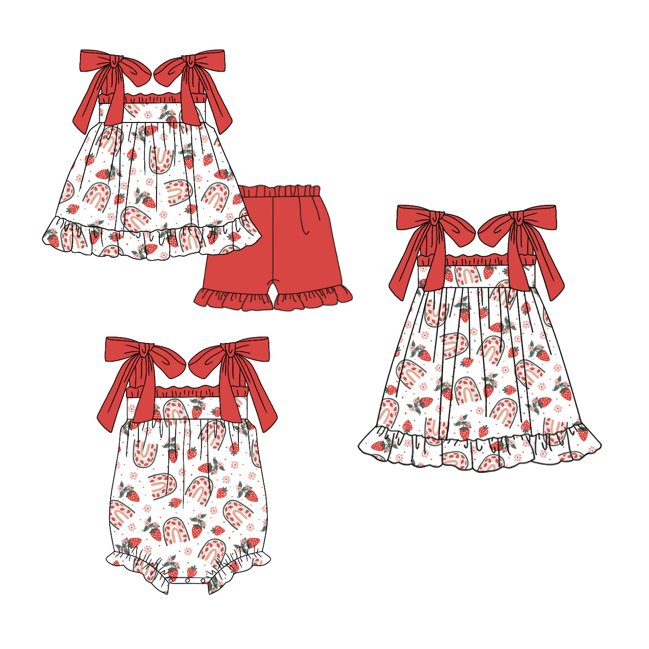 11.27 custom each style moq 5eta 4-6week Sibling Sister rainbow strawberry baby girl short sleeve shorts sets and dress and rompers match family design