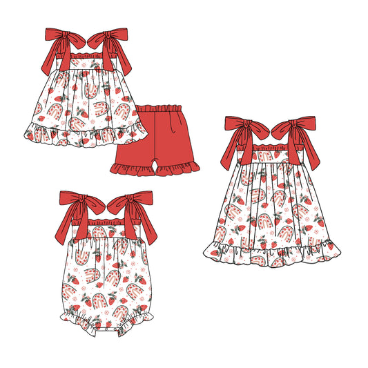 11.27 custom each style moq 5eta 4-6week Sibling Sister rainbow strawberry baby girl short sleeve shorts sets and dress and rompers match family design