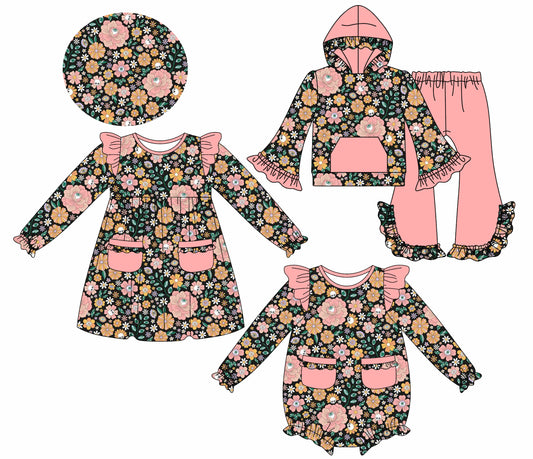 25.7.22 custom each style moq 5eta 4-6week Sibling Sisters floral baby girl long sleeve pants sets and dress and rompers match family design