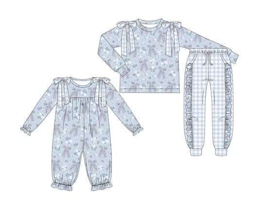 25.7.31 custom each style moq 5eta 4-6week Sibling Sister floral bow baby girl long sleeve pants sets and rompers match family design