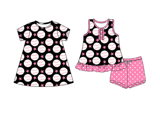 4.4 custom each style moq 5eta 4-6week Sibling Sister baseball baby girl short sleeve shorts sets and dresses match design