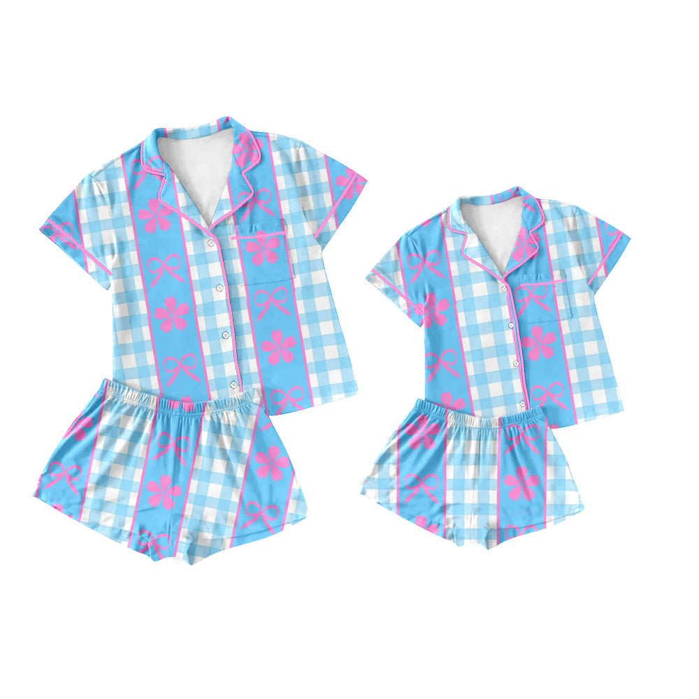 3.21 custom each style moq 5eta 4-6week Sibling Sister bow floral short sleeve shorts sets and adult sets match design