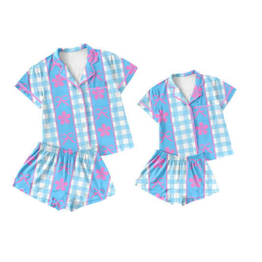 3.21 custom each style moq 5eta 4-6week Sibling Sister bow floral short sleeve shorts sets and adult sets match design