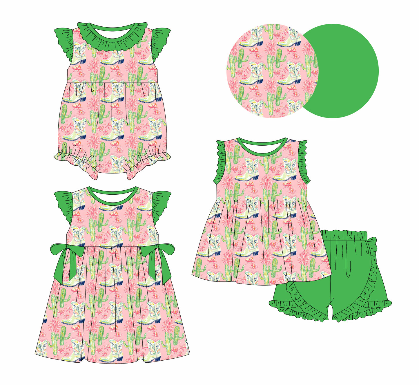 1.13 custom each style moq 5eta 4-6week Sibling Sisters boot catcus baby girl short sleeve shorts sets and dress and rompers match family design
