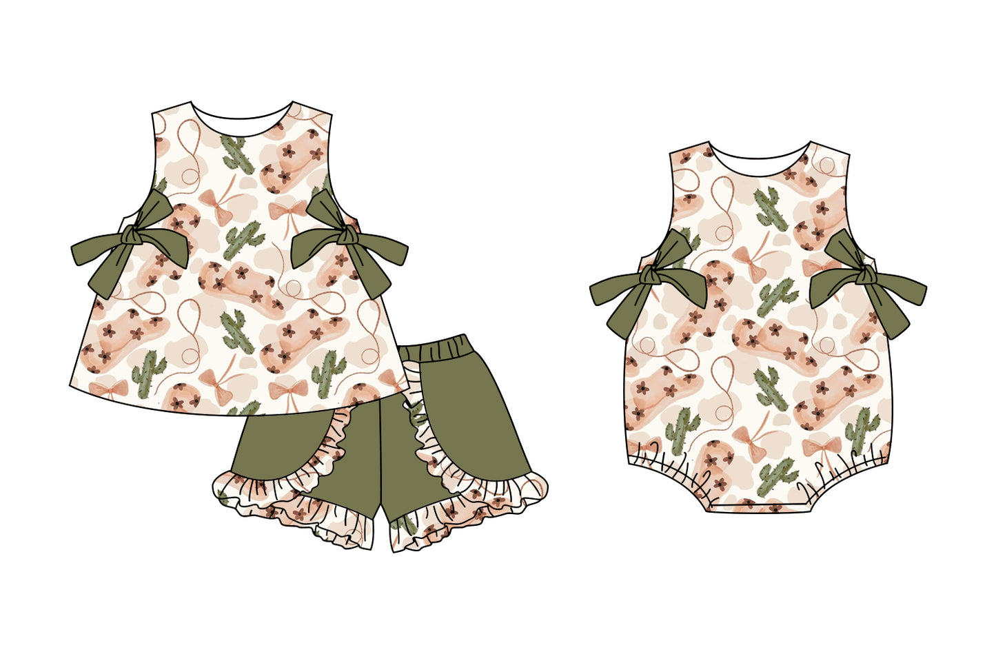 3.3 custom each style moq 5eta 4-6week Sibling Sister catcus bow baby girl short sleeve shorts sets and romper match design
