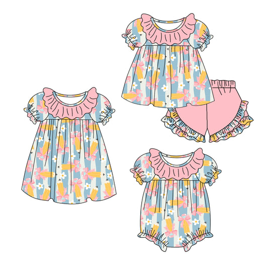 25.12.17 custom each style moq 5 eta 6-8week Sibling Sister penci lbow baby short sleeve shorts sets and romper and dress match design