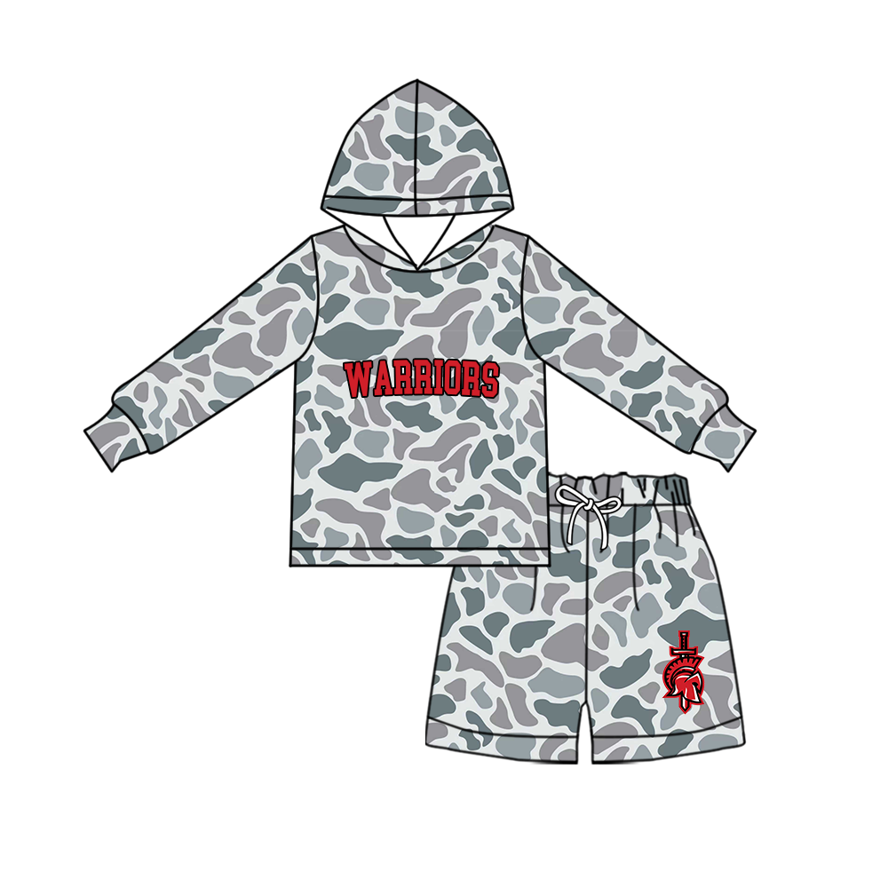 custom moq 5 mix size MSD072505 Baby Kids Grey Camo Long Sleeve Hoodie Top Shorts Team Set