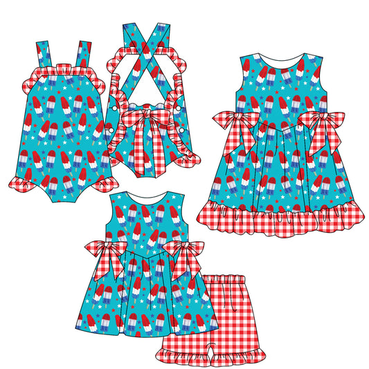 Custom moq 5 mix size Sibling Baby Girl's blue 4th of July Sleeveless Top And Shorts Set Cute Romper Dress for Summer