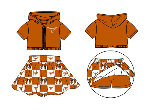 Custom moq 3 or 5 mix size milk silk summer teams baby girl clothes bow zipper hooded short sleeve shorts skirts sets-26.1.26
