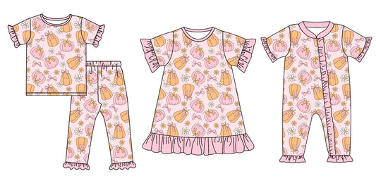 4.30 custom each style moq 5eta 4-6week Sibling Sisters pumpkin bow baby girl short sleeve pants sets and dress and rompers match family design