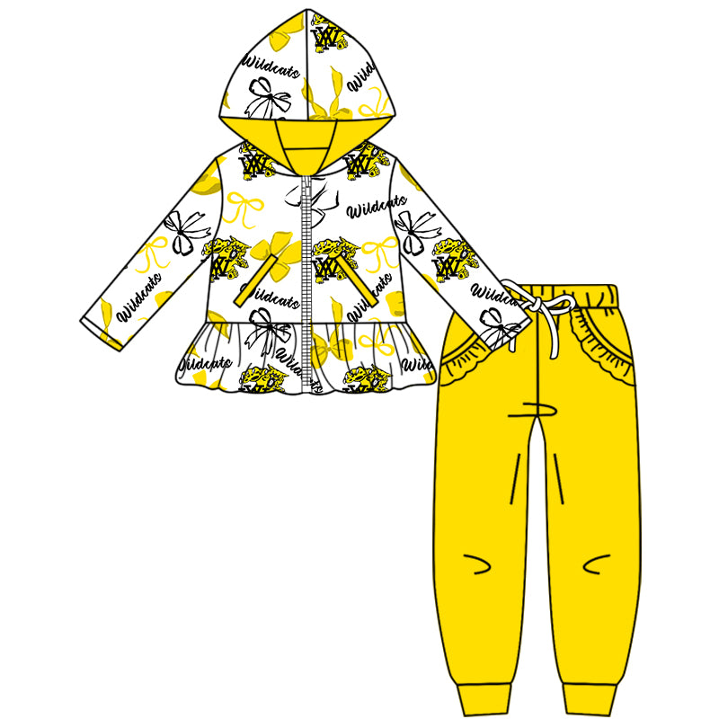 Custom moq 5 mix size milk silk summer teams baby girls clothes bow yellow hooded long sleeve pants sets and boy sets and dress and hooded top and pant-25.8.15