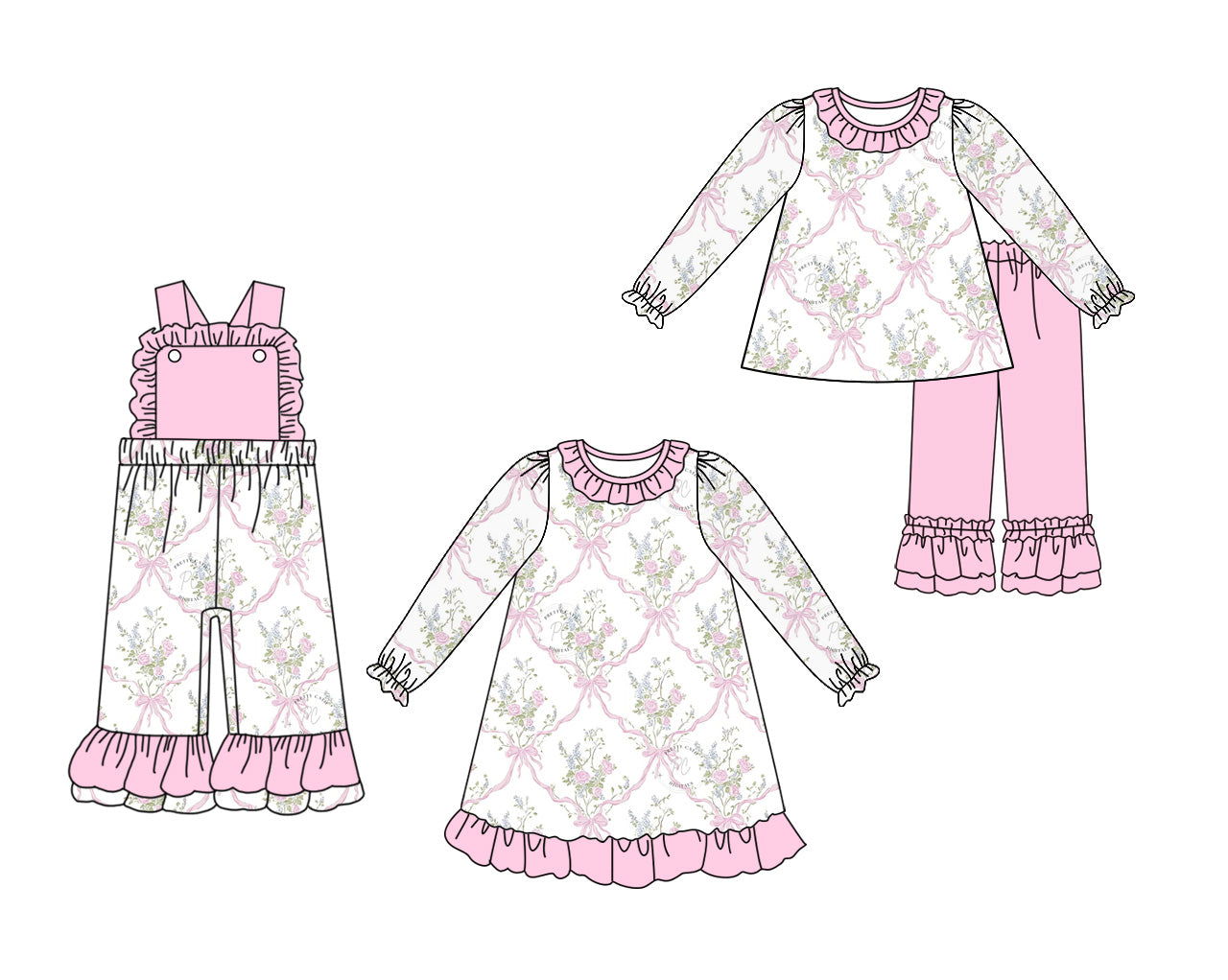 25.6.27 custom each style moq 5eta 4-6week Sibling Sisters bow floral pink baby girl long sleeve pants sets and dress and jumpsuit match family design