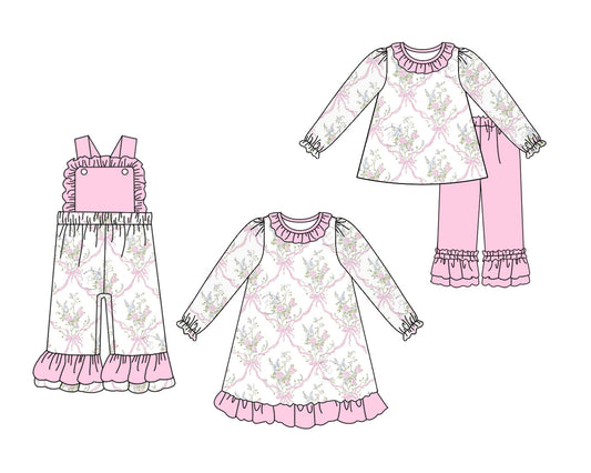 25.6.27 custom each style moq 5eta 4-6week Sibling Sisters bow floral pink baby girl long sleeve pants sets and dress and jumpsuit match family design