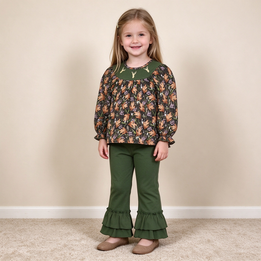 NEW RTS NO MOQ milk silk GLP2908 Embroidery Baby Girls Green Leaf Camo Print Embroidery Deer Long Sleeve Tunic Top Ruffle Hem Long Pants Western Farm Casual Clothes Set