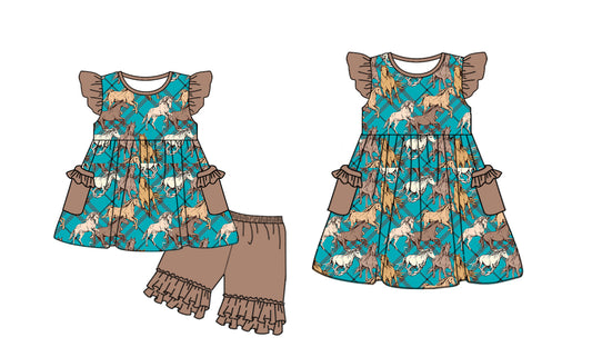 3.27 custom each style moq 5eta 4-6week Sibling Sister horse baby girl short sleeve shorts sets and dresses match design