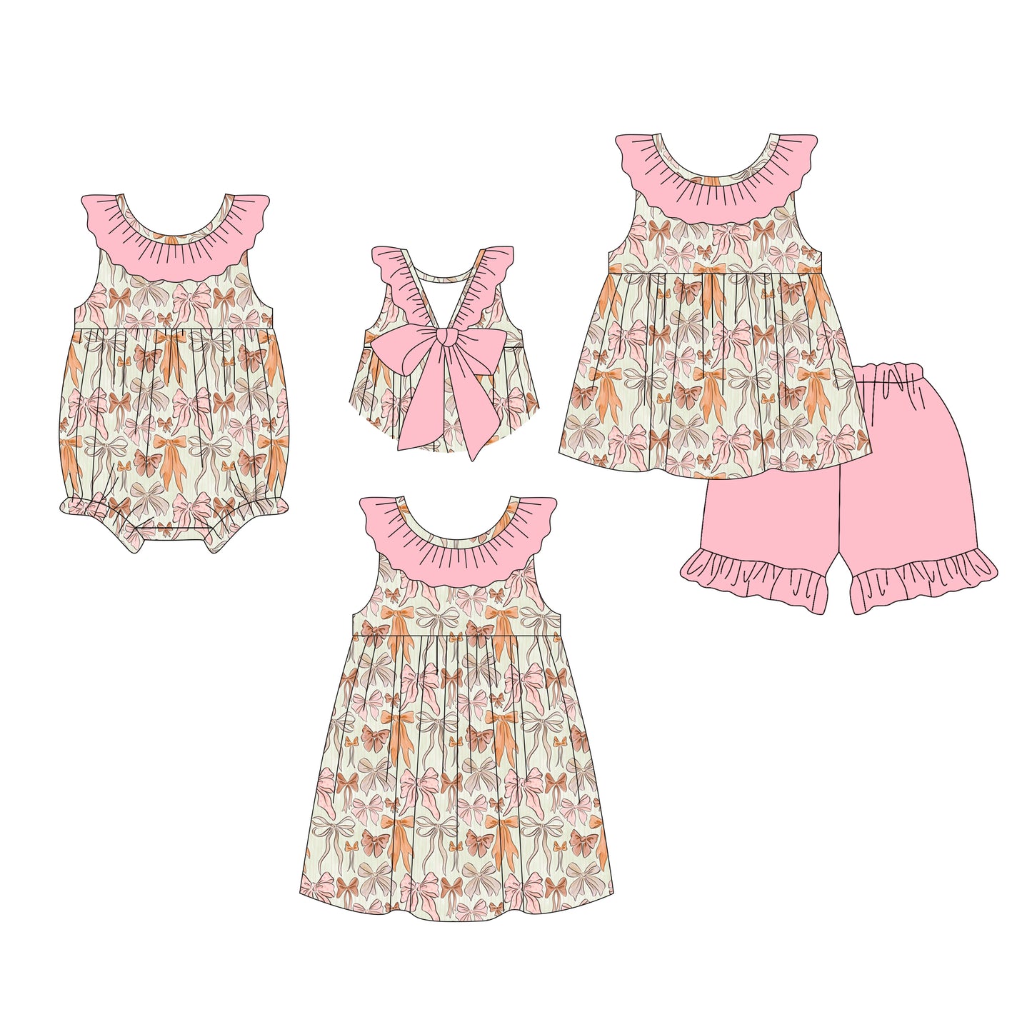 26.1.9 custom each style moq 5 eta 6-8week Sibling Sister bow baby short sleeve shorts sets and romper and dress match design