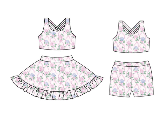 3.24 custom each style moq 5eta 4-6week Sibling Sister bow floral baby girl short sleeve shorts sets and dresses match design