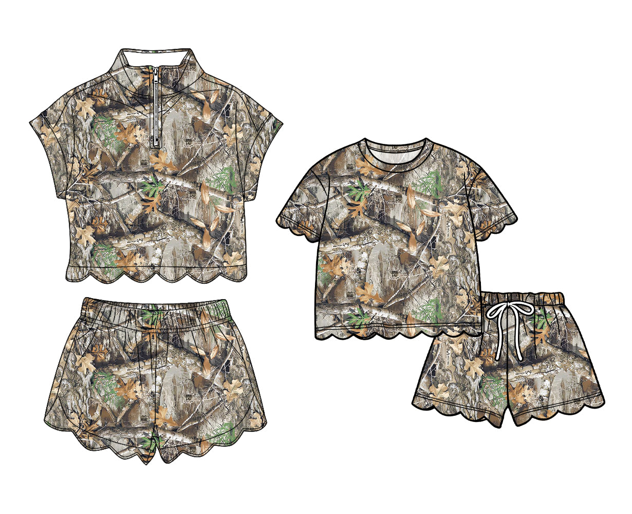 3.13 Custom moq 5 mix size Sibling Baby Girls Scallop Top And Shorts Camo Outfit Set Cute Baby Girl Clothing Set