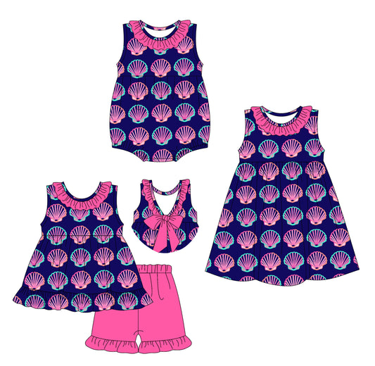 3.13 custom each style moq 5eta 4-6week Sibling Sisters baby girl short sleeve shorts sets and dress and rompers match family design