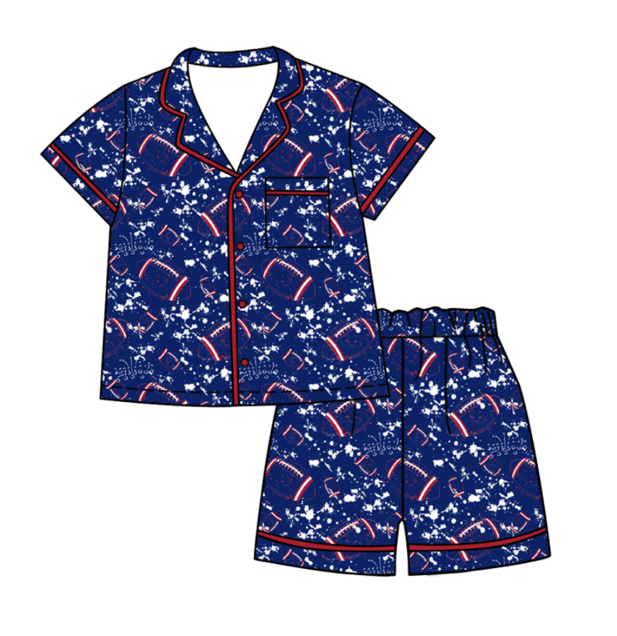 Custom moq 5 mix size milk silk summer teams Baby Girls Football Button Pocket Top Short Pajamas Sets Cute Infant Sleepwear