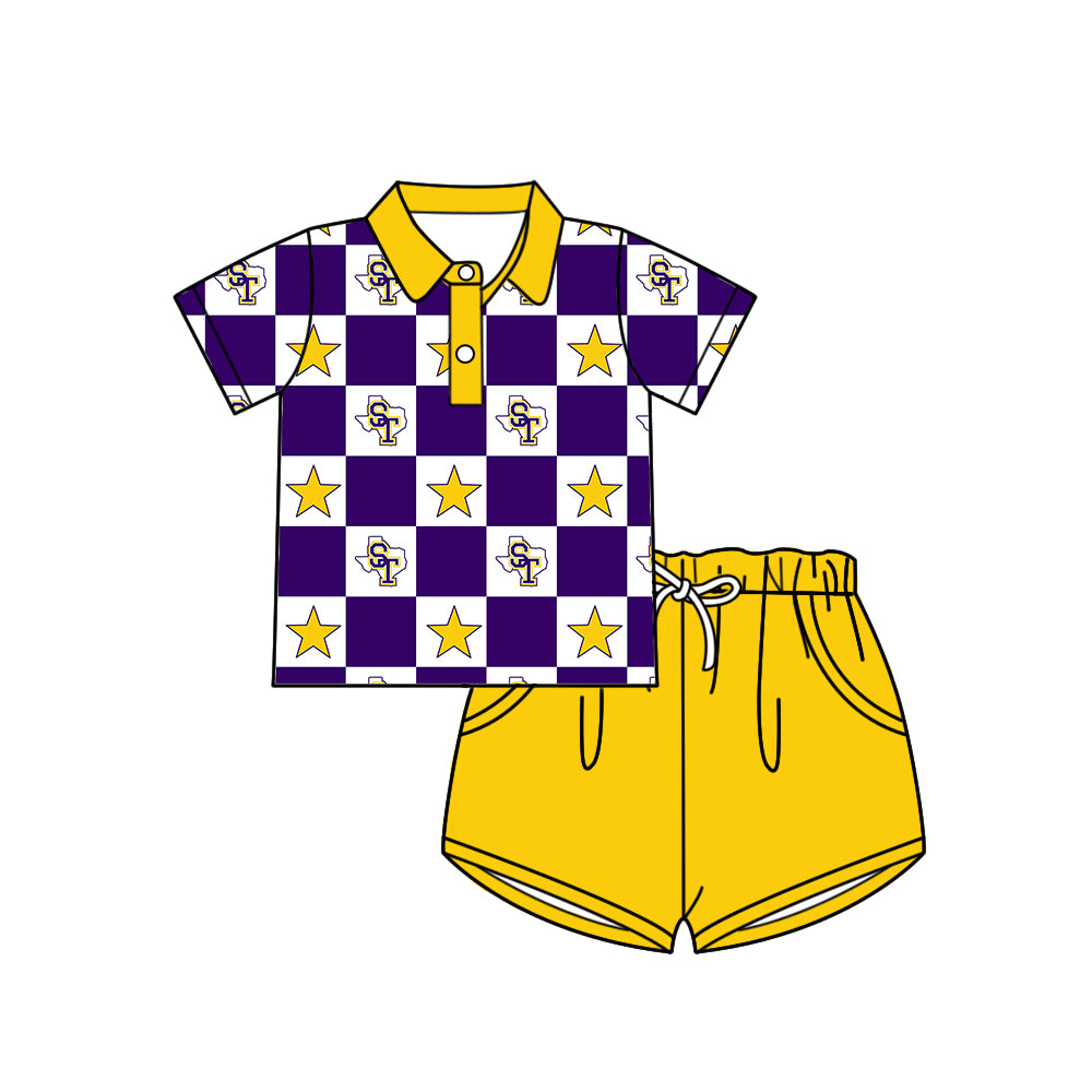 Custom moq 5 mix size milk silk summer teams Purple Checked Bows Baby Girl Sleeveless Yellow Top Skirt Short Set Dress And Shorts Yoga Outfit Boy's Top Shorts Set Romper