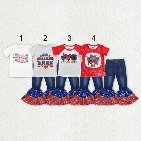 RTS NO MOQ Sibling Baby Girls 4th of July Outfit Set Top with Denim Bell Bottom Pants Clothing for Infants