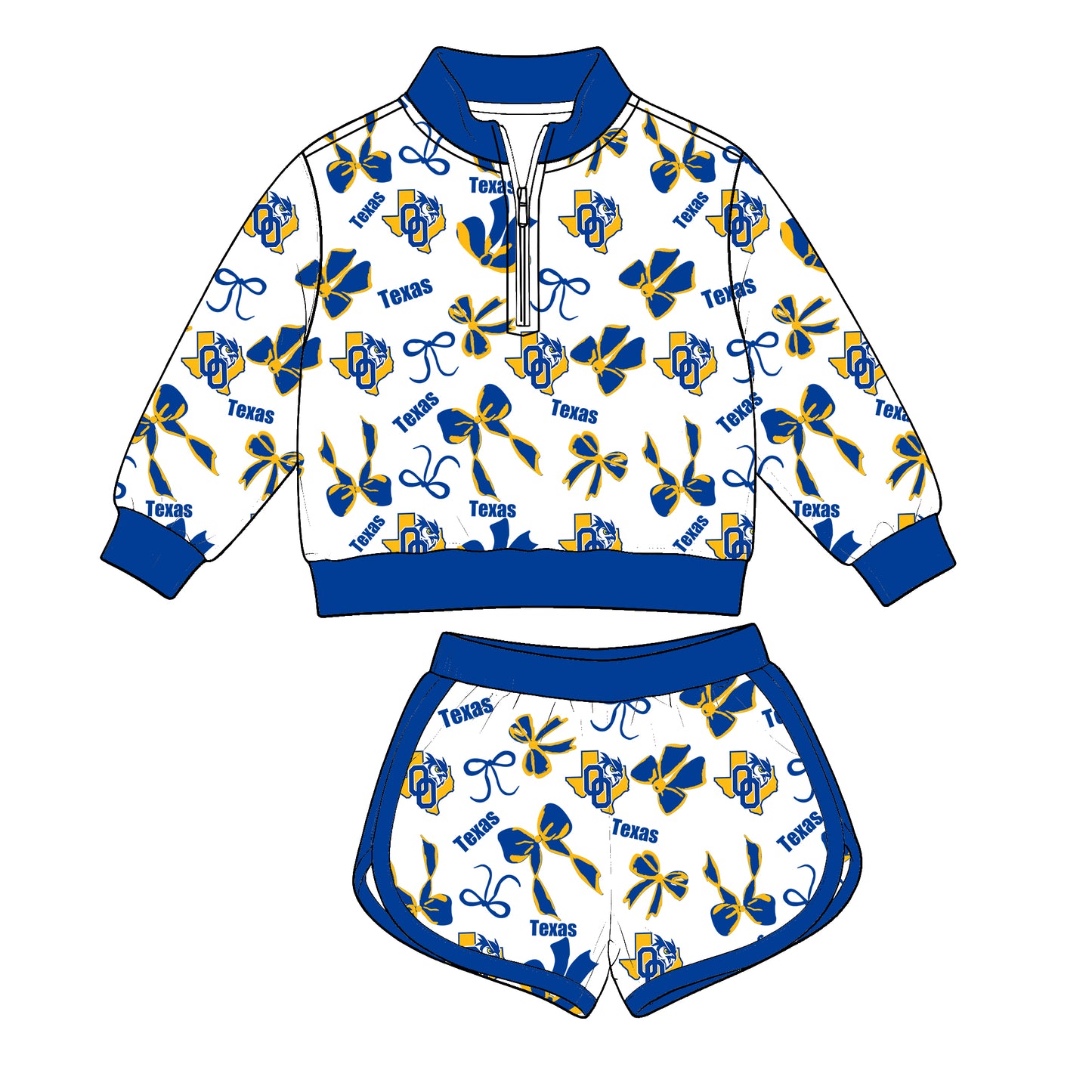 custom moq 5 mix size MSD073010 Baby Kids Bow Print Quarter Zip Sweatshirt and Shorts Team Outfit Set