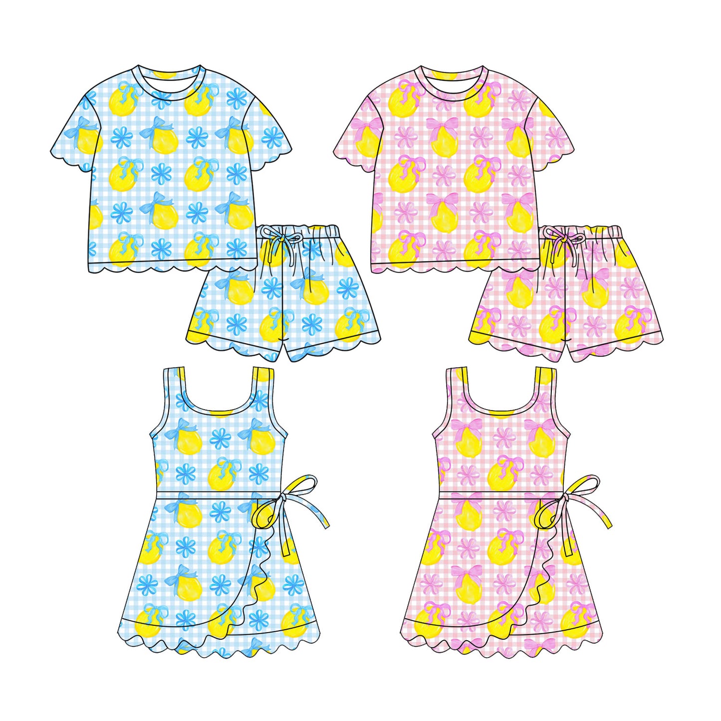 26.1.16 custom each style moq 5 eta 6-8week Sibling Sister lemon bow baby short sleeve shorts sets 2 and dresses 2 match design