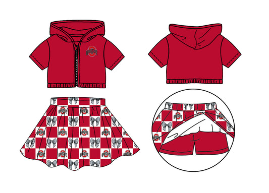 Custom moq 3 or 5 mix size milk silk summer teams baby girl clothes bow red zipper hooded short sleeve shorts skirts sets-26.1.22