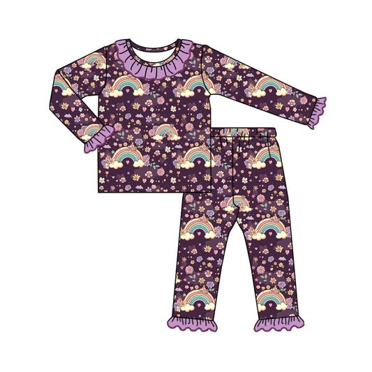7.31 custom each style moq 5eta 4-6week Sibling Sister rainbow floral purple baby girls sets and dress and rompers match family design