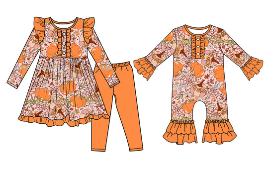 25.6.26 custom each style moq 5eta 4-6week Sibling Sisters pumpkin baby girl long sleeve pants sets and rompers match family design