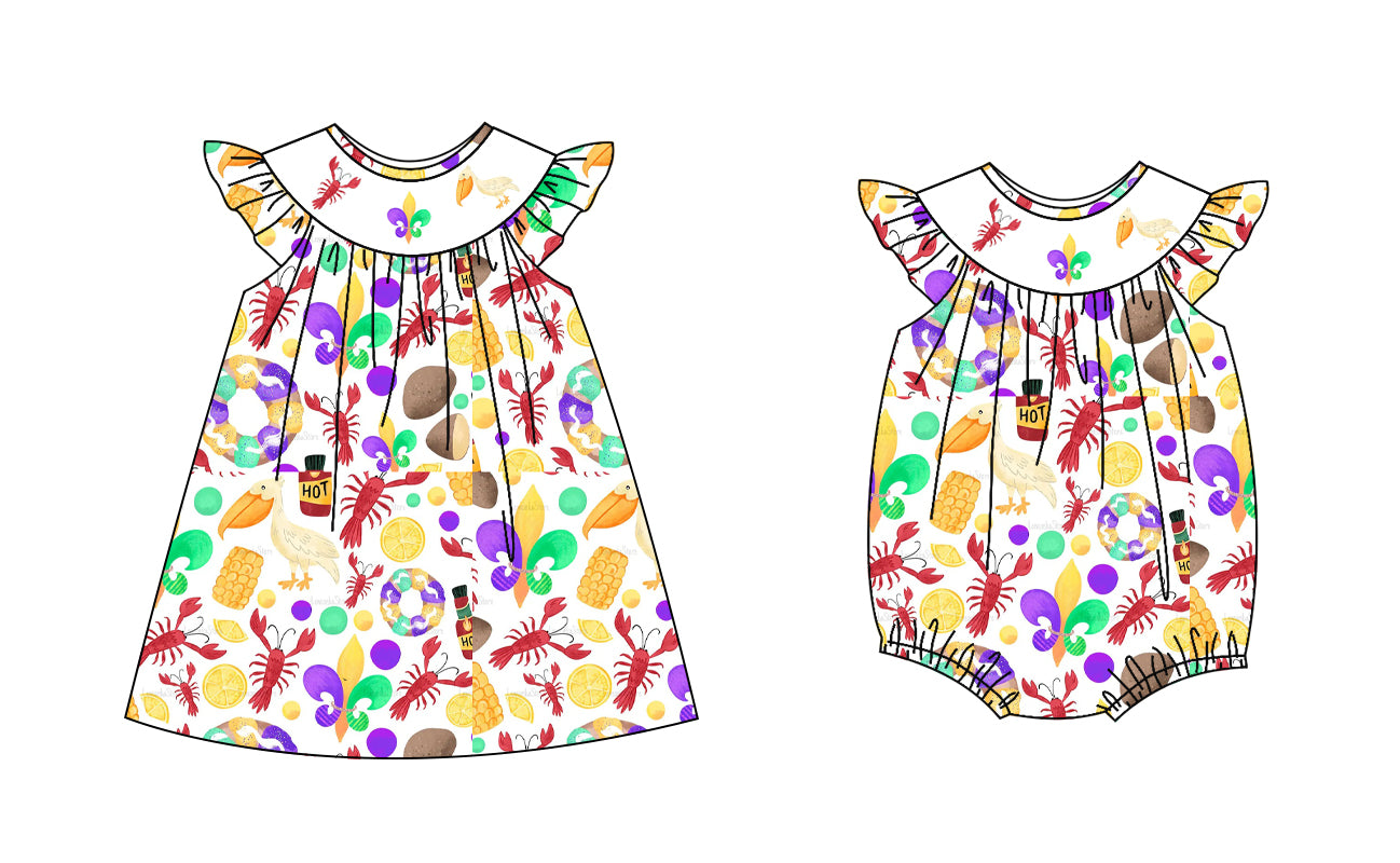 12.3 custom each style moq 5eta 4-6week Sibling Sister mardi gras lobster baby girl short sleeve dress and rompers match family design