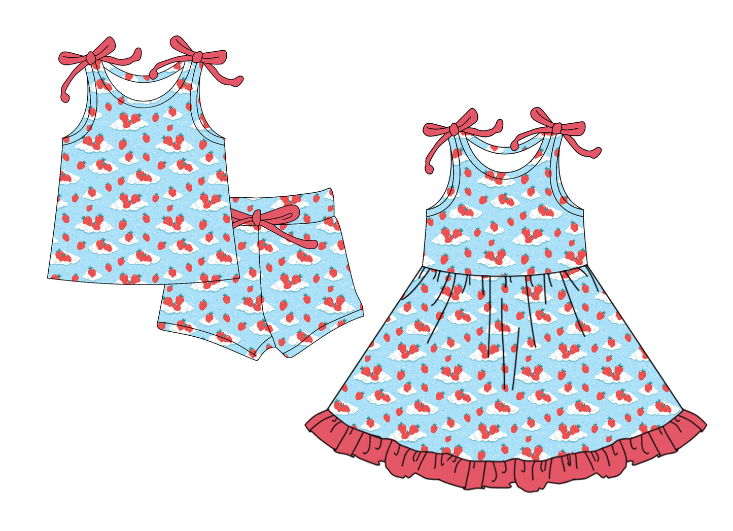 Custom moq 5 mix size Sibling Baby Girls Strawberry Print Camisole Shorts Set Cute Dress for Little Ones