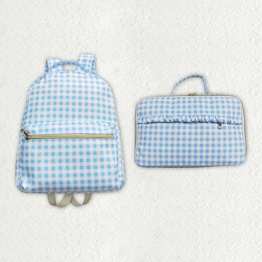 RTS NO MOQ baby girl clothes blue and white plaid Backpack and lunch box