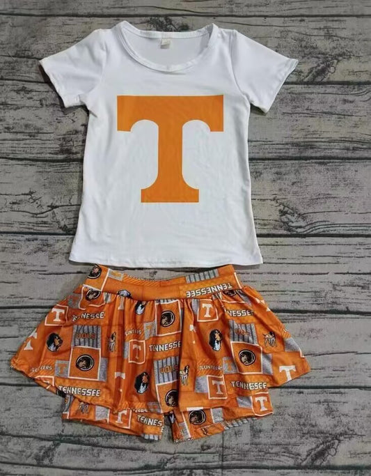custom moq 3 eta 6-7weeks "Letter T" White Short Sleeve-Orange Irregular Short Skirt Set
