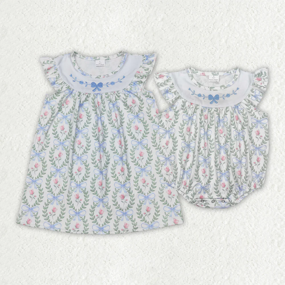 RTS baby girls clothes embroidery bow pattern short Sleeve dress romper