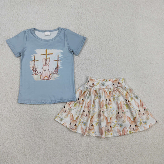 RTS NO MOQ（In Stock) GSD3486 Blue Short-Sleeved Skirt and Pants Set with Cross and Rabbit Design
