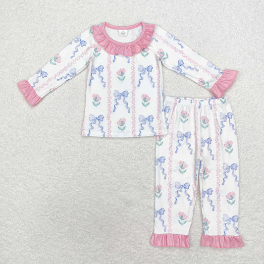 bamboo rts no moq GLP1693 Modal bow pattern blue and purple lace long-sleeved trousers pajama set
