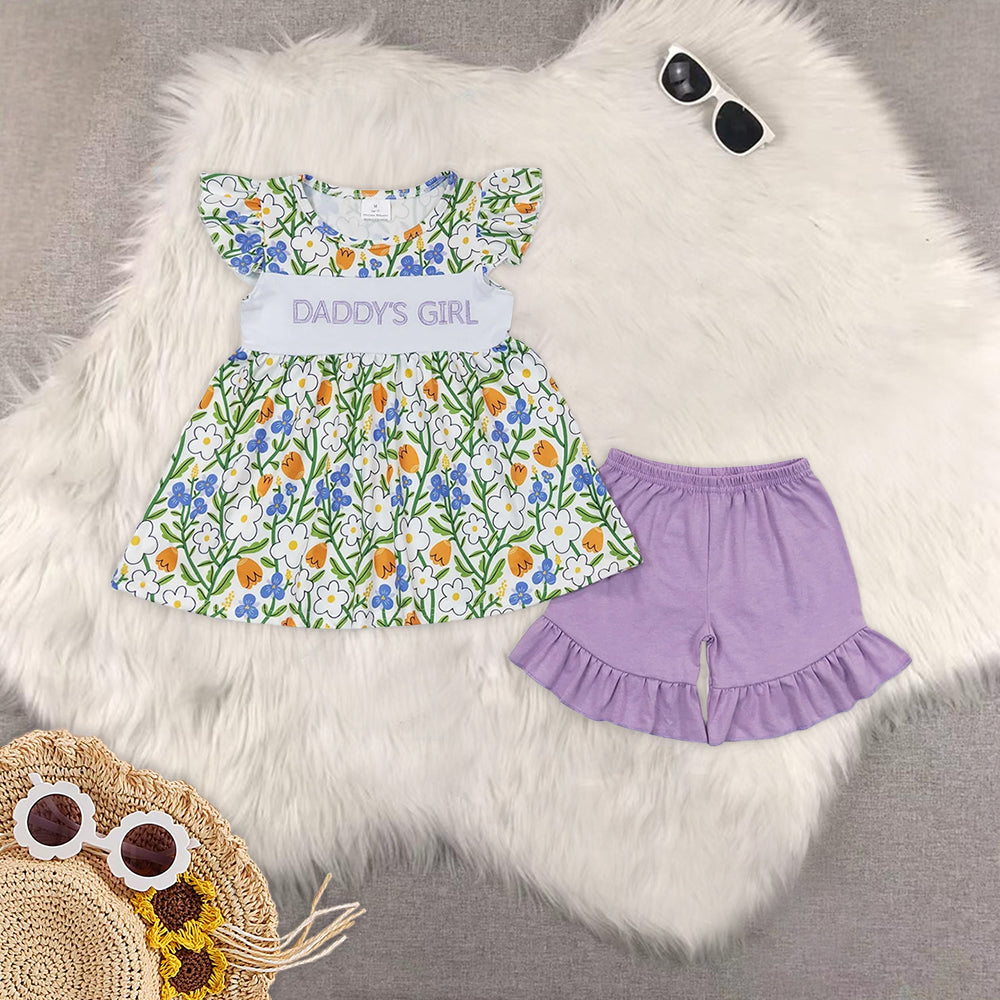 RTS daddy's girl embroidery letters flowers purple flowers Sibling Sister Clothes Sets