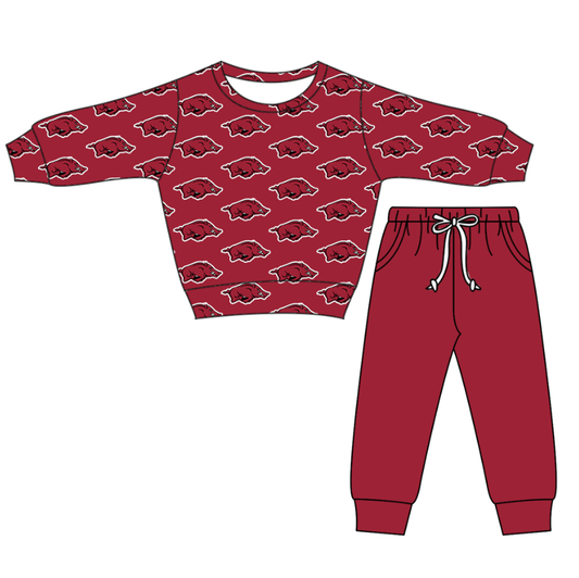 Custom moq 5 mix size milk silk summer teams baby boy clothes brick red long sleeve pants sets-25.11.22