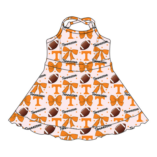 Custom moq 5 mix sizes summer teams baby girls clothes team baseball bow orange sleeveless dress-25.6.14