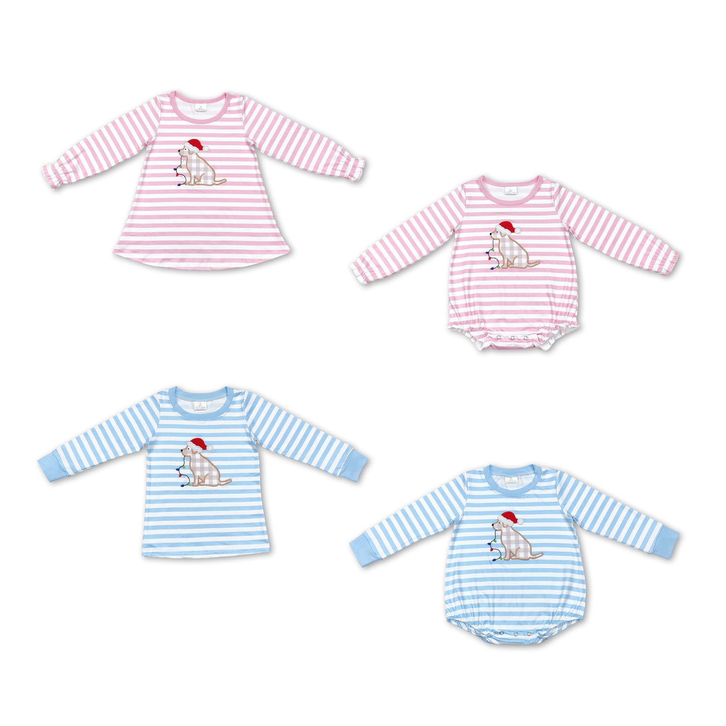 RTS NO MOQ Embroidered Christmas Puppy Boys and Girls Striped Long Sleeve Top & Climbing Suit