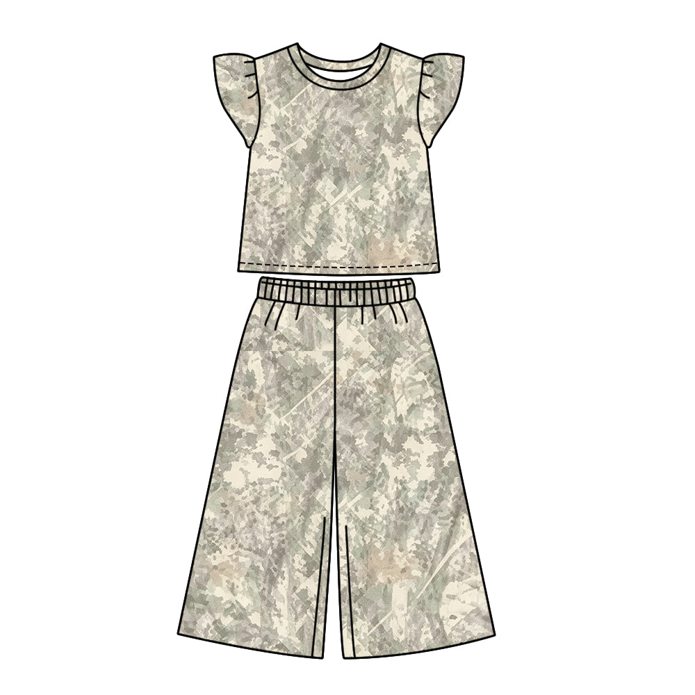 custom moq 5 mix size GSF01 Baby Girls Camo Print  Ruffle Sleeve Top Leg Pant Outfit