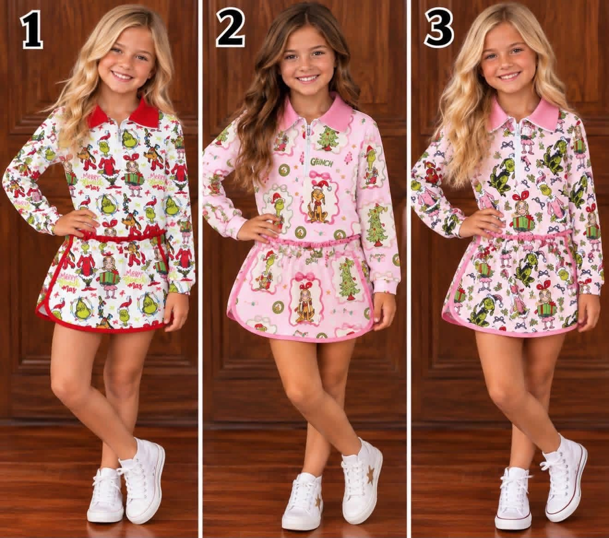 RTS NO MOQ Sibling milk silk Baby Girls Long Sleeve Zip Top Skort Holiday Casual Christmas Clothes Set