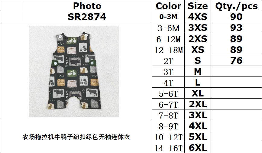 RTS NO MOQ SR2874 Farm tractor cow duck button green sleeveless jumpsuit