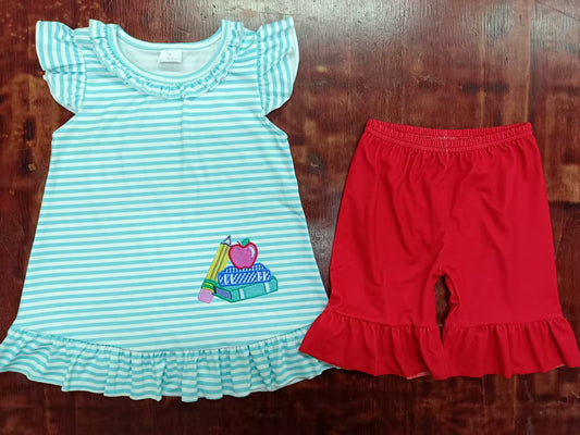 Custom moq 3 eta 6-7weeks baby girls clothes apple pencil flying sleeve shorts sets-25.5.9