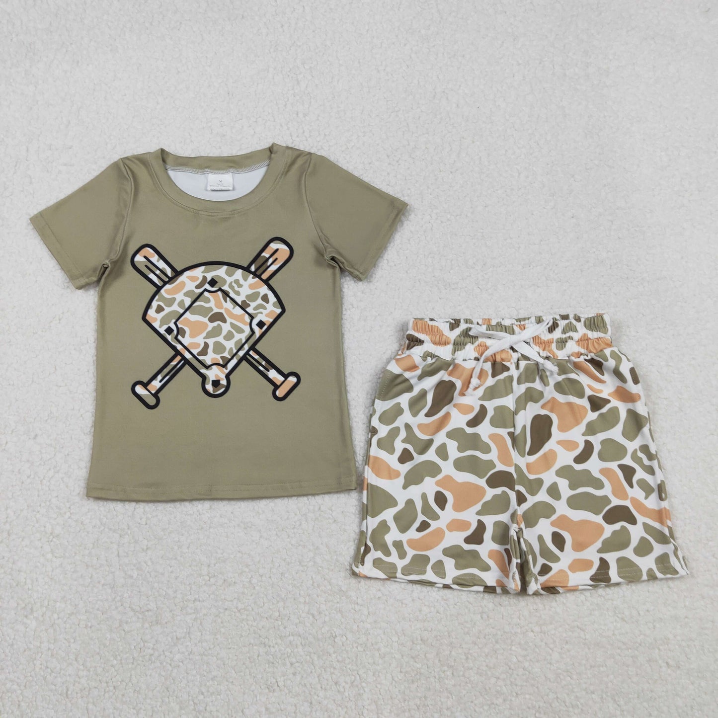 RTS NO MOQ（In Stock) BT1423+SS0698 Orange-Green Camouflage Fan Baseball Short-Sleeve Top Shorts set-BSSO1591