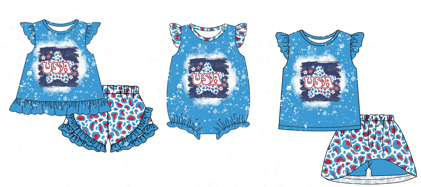 12.5 custom each style moq 5eta 4-6week Sibling Sister USA blue baby girl short sleeve shorts sets and dress and rompers match family design