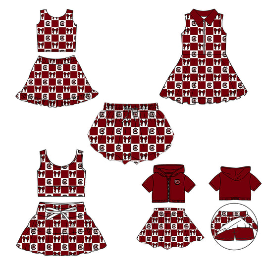 Custom moq 3 or 5 mix size milk silk summer teams baby girl clothes dark red sleeveless skirts sets 3 and dresss and shorts-26.1.20